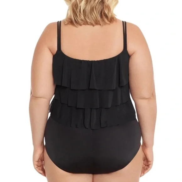Swim Solutions Black Plus Size Triple Tiered One-Piece Swimsuit